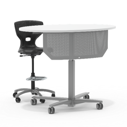 A versatile mono-column height-adjustable teacher desk with a durable tabletop, convenient casters, and ergonomic design for classrooms