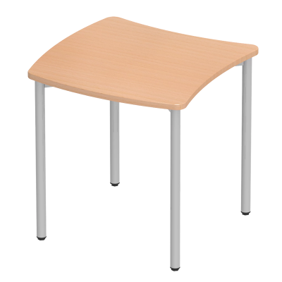 A modern S-shaped table with beech-colored top, silver frame, and standard glides, ideal for classrooms, dining areas, and conference centers.