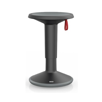 Image of the Up Stool featuring a convex base with anti-slip coating, soft seat inlay, and a textile hand strap for height adjustment. The stool has a plastic construction and a rotatable seat.