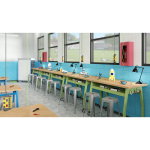 A classroom featuring Works Steel Stools, offering sturdy and stackable seating options for versatile learning environments.