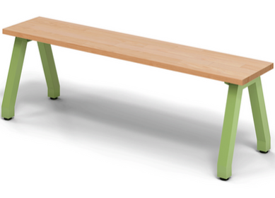 A Makerspace Works Butcher Block Bench featuring sturdy steel legs and a spacious butcher block top, ideal for collaborative learning environments.