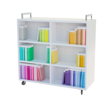 Double Sided Straight Shelving unit with adjustable shelves, heavy-duty casters, and perforated modesty panels for classrooms and libraries