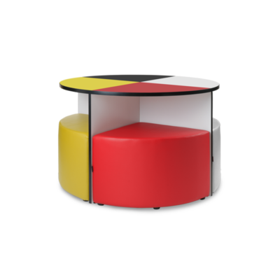 The Medicine Wheel Huddl table with a high-pressure laminate Medicine Wheel design, 48" diameter, 29" height, and matching soft seating in red, yellow, black, and white nested underneath