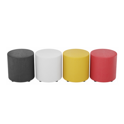 Set of 4 Medicine Wheel Round Ottomans in vibrant red, yellow, black, and white colors, shown with non-marring rubber feet and sturdy Canadian plywood base.
